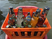 Cool drinks are being served at a snack stand along Sambranikodi Island in Kerala, India, on April 06, 2024. (