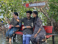 Indian tourists are taking selfies as they visit Sambranikodi Island in Kerala, India, on April 06, 2024. Sambranikodi Island is situated at...