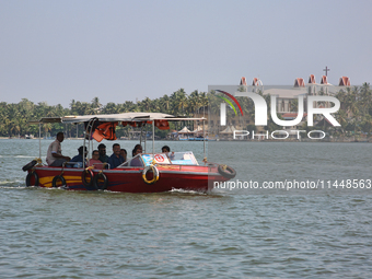 A boat is bringing Indian tourists to Sambranikodi Island in Kerala, India, on April 06, 2024. Sambranikodi Island is situated at the southe...