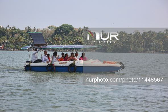 A boat is bringing Indian tourists to Sambranikodi Island in Kerala, India, on April 06, 2024. Sambranikodi Island is situated at the southe...