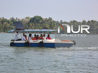 A boat is bringing Indian tourists to Sambranikodi Island in Kerala, India, on April 06, 2024. Sambranikodi Island is situated at the southe...