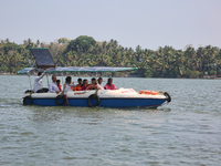 A boat is bringing Indian tourists to Sambranikodi Island in Kerala, India, on April 06, 2024. Sambranikodi Island is situated at the southe...