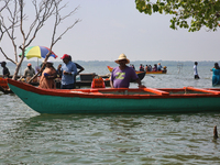 A boatman is waiting for Indian tourists to hire his services at Sambranikodi Island in Kerala, India, on April 06, 2024. Sambranikodi Islan...