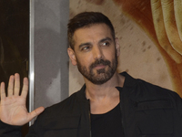 Indian actor John Abraham is reacting to the media during a movie Vedaa trailer launch event in Mumbai, India, on August 1, 2024. (