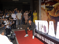 Indian actor John Abraham is reacting to the media during a movie Vedaa trailer launch event in Mumbai, India, on August 1, 2024. (