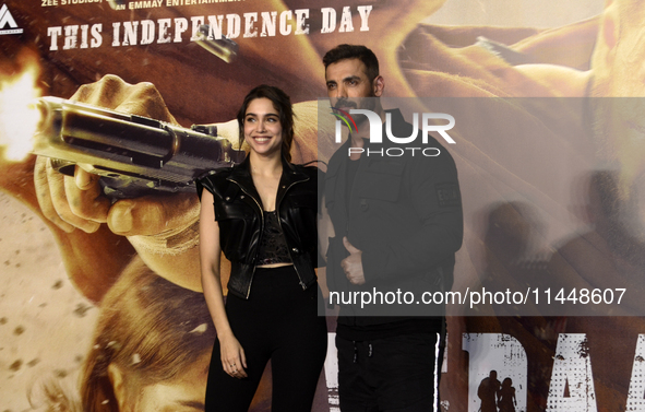 Indian actors (L) Sharvari and (R) John Abraham are posing for a photoshoot during a movie Vedaa trailer launch event in Mumbai, India, on A...