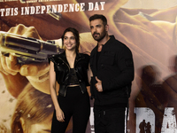 Indian actors (L) Sharvari and (R) John Abraham are posing for a photoshoot during a movie Vedaa trailer launch event in Mumbai, India, on A...