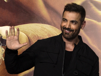 Indian actor John Abraham is reacting to the media during a movie Vedaa trailer launch event in Mumbai, India, on August 1, 2024. (