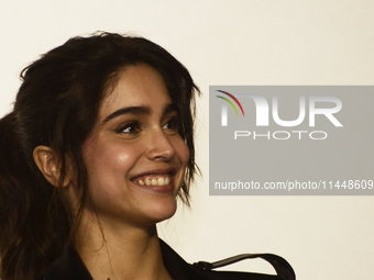 Indian actress Sharvari is talking to the media during a movie Vedaa trailer launch event in Mumbai, India, on August 1, 2024. (