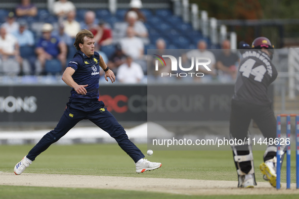 Durham's Bas de Leede is fielding the ball off his own bowling during the Metro Bank One Day Cup match between Durham County Cricket Club an...