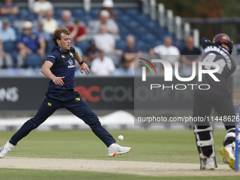 Durham's Bas de Leede is fielding the ball off his own bowling during the Metro Bank One Day Cup match between Durham County Cricket Club an...