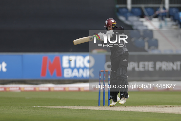 Somerset's Lewis Goldsworthy is batting during the Metro Bank One Day Cup match between Durham County Cricket Club and Somerset at the Seat...