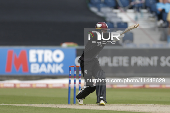 Somerset's Lewis Goldsworthy is avoiding a short-pitched delivery during the Metro Bank One Day Cup match between Durham County Cricket Club...