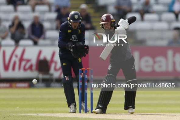 Somerset's Lewis Goldsworthy is batting during the Metro Bank One Day Cup match between Durham County Cricket Club and Somerset at the Seat...