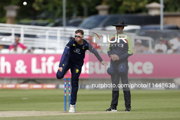 Durham's George Drissell is bowling during the Metro Bank One Day Cup match between Durham County Cricket Club and Somerset at the Seat Uniq...