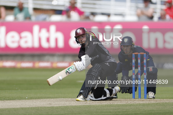 Somerset's Lewis Goldsworthy is sweeping to leg during the Metro Bank One Day Cup match between Durham County Cricket Club and Somerset at t...