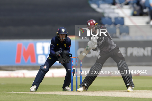 Somerset's Lewis Goldsworthy is playing the ball into the offside during the Metro Bank One Day Cup match between Durham County Cricket Club...