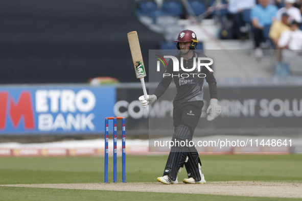 Somerset's Lewis Goldsworthy is celebrating after scoring fifty during the Metro Bank One Day Cup match between Durham County Cricket Club a...