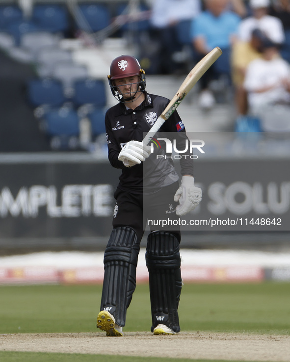 Somerset's Lewis Goldsworthy is celebrating after scoring fifty during the Metro Bank One Day Cup match between Durham County Cricket Club a...