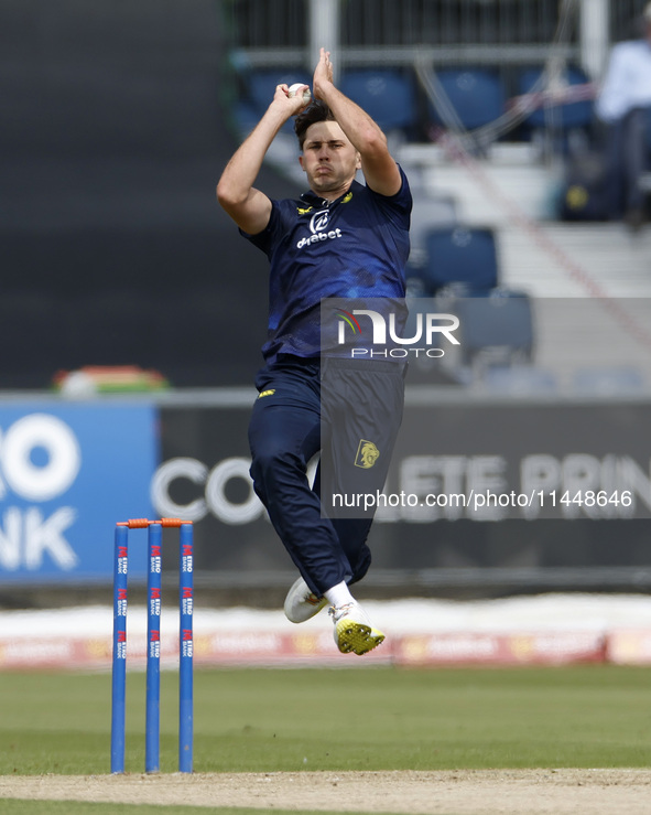 Paul Coughlin is bowling during the Metro Bank One Day Cup match between Durham County Cricket Club and Somerset at the Seat Unique Riversid...