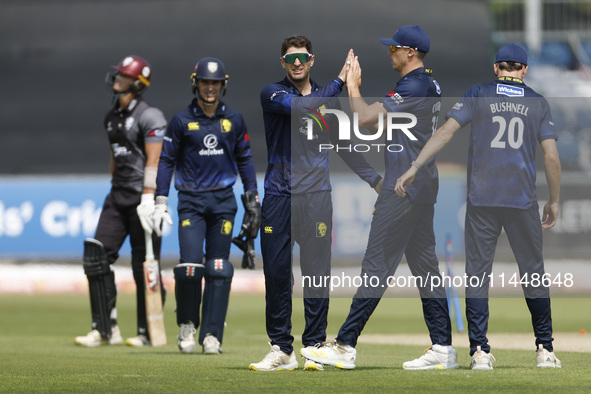 Durham's Colin Ackermann is celebrating after bowling Somerset's George Thomas during the Metro Bank One Day Cup match between Durham County...