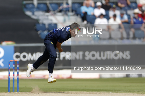 Paul Coughlin is bowling during the Metro Bank One Day Cup match between Durham County Cricket Club and Somerset at the Seat Unique Riversid...