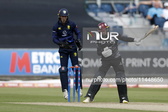 Somerset's Lewis Goldsworthy is batting and Durham's Haydon Mustard is keeping wicket during the Metro Bank One Day Cup match between Durham...