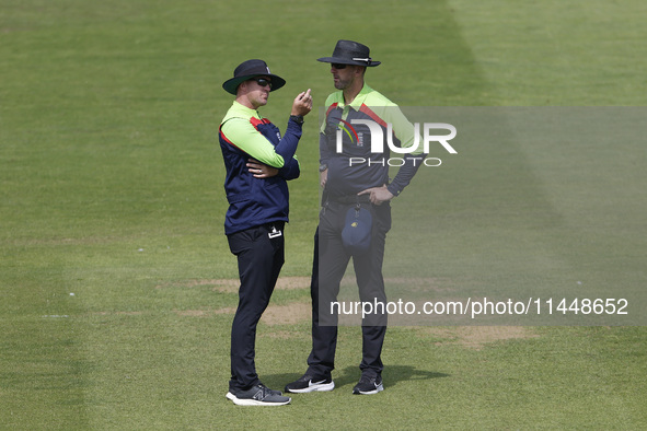 Umpires Jack Shantry (L) and Michael Gough (R) are officiating during the Metro Bank One Day Cup match between Durham County Cricket Club an...