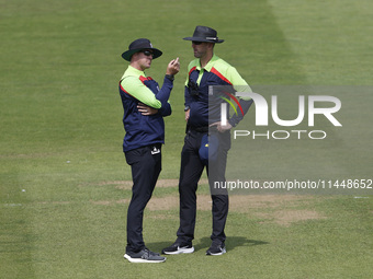 Umpires Jack Shantry (L) and Michael Gough (R) are officiating during the Metro Bank One Day Cup match between Durham County Cricket Club an...