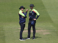 Umpires Jack Shantry (L) and Michael Gough (R) are officiating during the Metro Bank One Day Cup match between Durham County Cricket Club an...