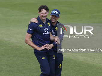 Durham's Paul Coughlin (L) and Scott Borthwick (R) are celebrating a wicket during the Metro Bank One Day Cup match between Durham County Cr...