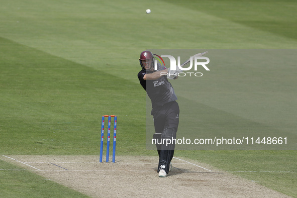 Somerset's Kasey Aldridge is hitting the ball down the ground during the Metro Bank One Day Cup match between Durham County Cricket Club and...