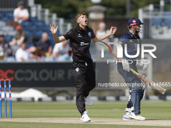 Somerset's Alfie Ogborne is reacting after bowling during the Metro Bank One Day Cup match between Durham County Cricket Club and Somerset a...