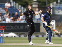 Somerset's Alfie Ogborne is reacting after bowling during the Metro Bank One Day Cup match between Durham County Cricket Club and Somerset a...