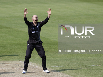 Somerset's Jack Leach is reacting after bowling during the Metro Bank One Day Cup match between Durham County Cricket Club and Somerset at t...