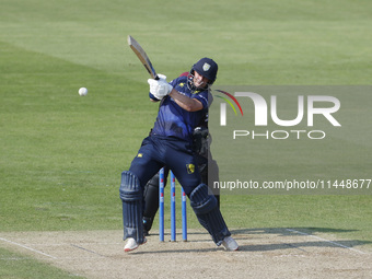 Durham's Scott Borthwick is hitting into the leg side during the Metro Bank One Day Cup match between Durham County Cricket Club and Somerse...