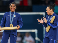  Gold medalist and winner Simone Biles  of USA and bronze medalist Suni Lee of USA  are posing  during the Artistic Gymnastics Women's All-A...