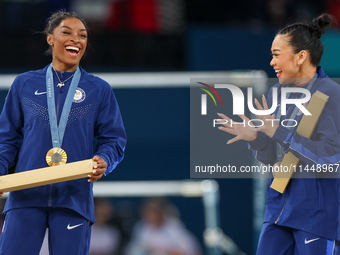  Gold medalist and winner Simone Biles  of USA and bronze medalist Suni Lee of USA  are posing  during the Artistic Gymnastics Women's All-A...