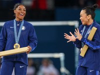  Gold medalist and winner Simone Biles  of USA and bronze medalist Suni Lee of USA  are posing  during the Artistic Gymnastics Women's All-A...