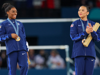  Gold medalist and winner Simone Biles  of USA and bronze medalist Suni Lee of USA  are posing  during the Artistic Gymnastics Women's All-A...