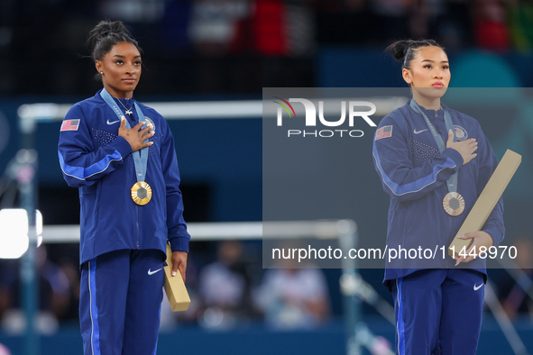  Gold medalist and winner Simone Biles  of USA and bronze medalist Suni Lee of USA  are posing  during the Artistic Gymnastics Women's All-A...