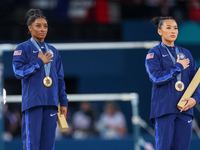  Gold medalist and winner Simone Biles  of USA and bronze medalist Suni Lee of USA  are posing  during the Artistic Gymnastics Women's All-A...