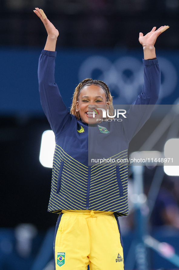 Silver medalist Rebeca Andrade of Team Brazil poses  during the Artistic Gymnastics Women's All-Around Final medal ceremony on day six of th...