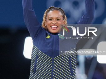 Silver medalist Rebeca Andrade of Team Brazil poses  during the Artistic Gymnastics Women's All-Around Final medal ceremony on day six of th...