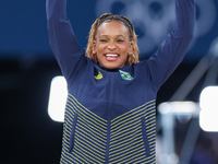 Silver medalist Rebeca Andrade of Team Brazil poses  during the Artistic Gymnastics Women's All-Around Final medal ceremony on day six of th...