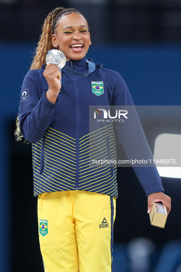 Silver medalist Rebeca Andrade of Team Brazil poses  during the Artistic Gymnastics Women's All-Around Final medal ceremony on day six of th...