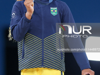 Silver medalist Rebeca Andrade of Team Brazil poses  during the Artistic Gymnastics Women's All-Around Final medal ceremony on day six of th...