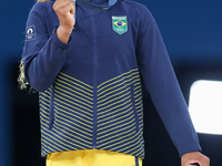 Silver medalist Rebeca Andrade of Team Brazil poses  during the Artistic Gymnastics Women's All-Around Final medal ceremony on day six of th...