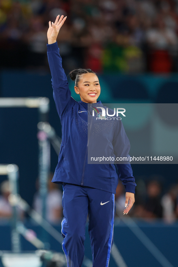 Bronze medalist Suni Lee of USA  are posing  during the Artistic Gymnastics Women's All-Around Final medal ceremony on day six of the Olympi...