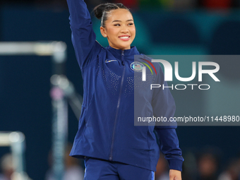 Bronze medalist Suni Lee of USA  are posing  during the Artistic Gymnastics Women's All-Around Final medal ceremony on day six of the Olympi...